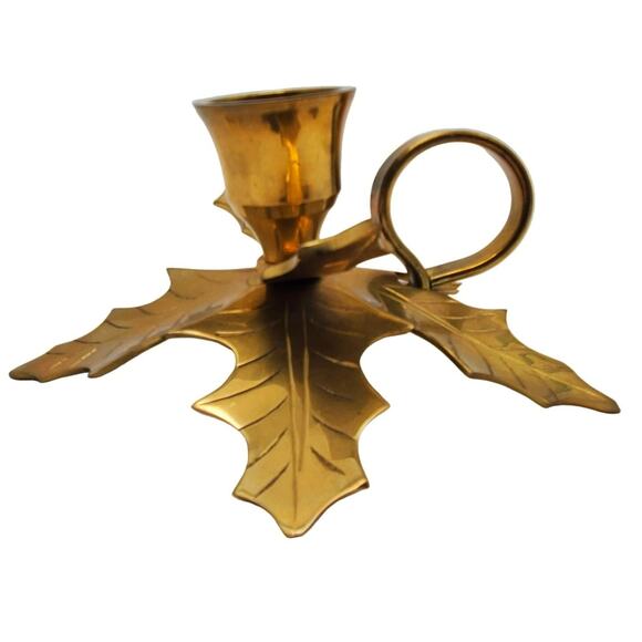 Brass Taper Candle Holder Leaf Autumn Rustic Table Holiday Decor Chamberstick - Picture 4 of 8